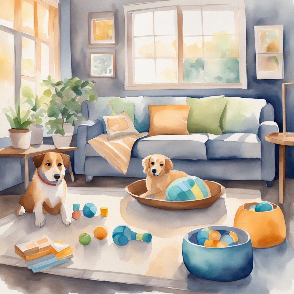 A cozy living room with a dog bed, toys, and a bowl of water. A foster dog happily playing with a volunteer. Signs promoting fostering