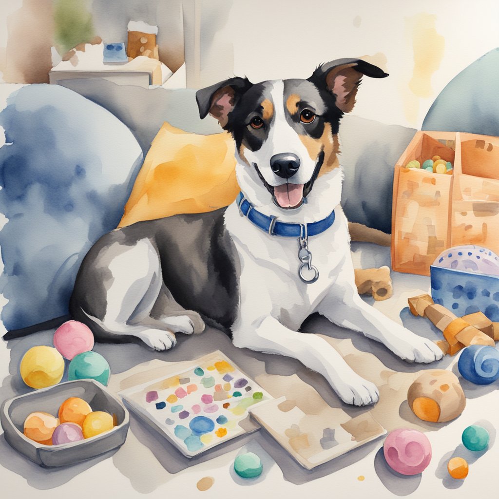 A happy dog wagging its tail, surrounded by toys and treats. A cozy bed and a leash hanging nearby. A calendar with dates marked for walks and vet appointments