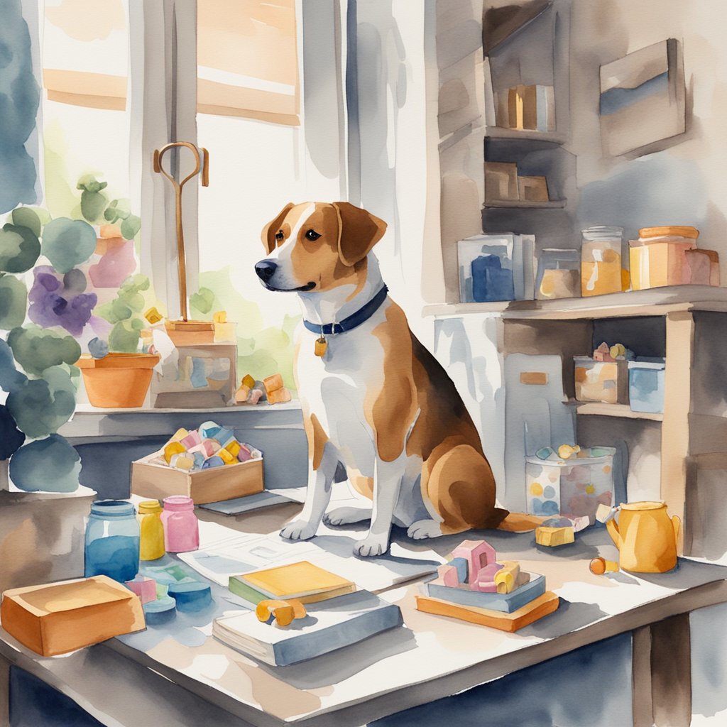 A dog sitting in a cozy home, surrounded by toys and treats. A person fills out paperwork at a table, smiling. The dog looks up at them with hopeful eyes