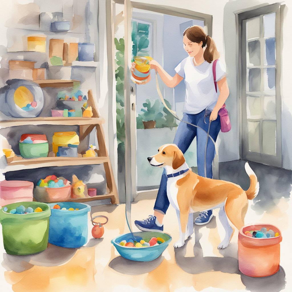 A dog walking on a leash beside a foster sign, surrounded by toys, food, and water bowls. A volunteer interacts with the dog, showing care and attention