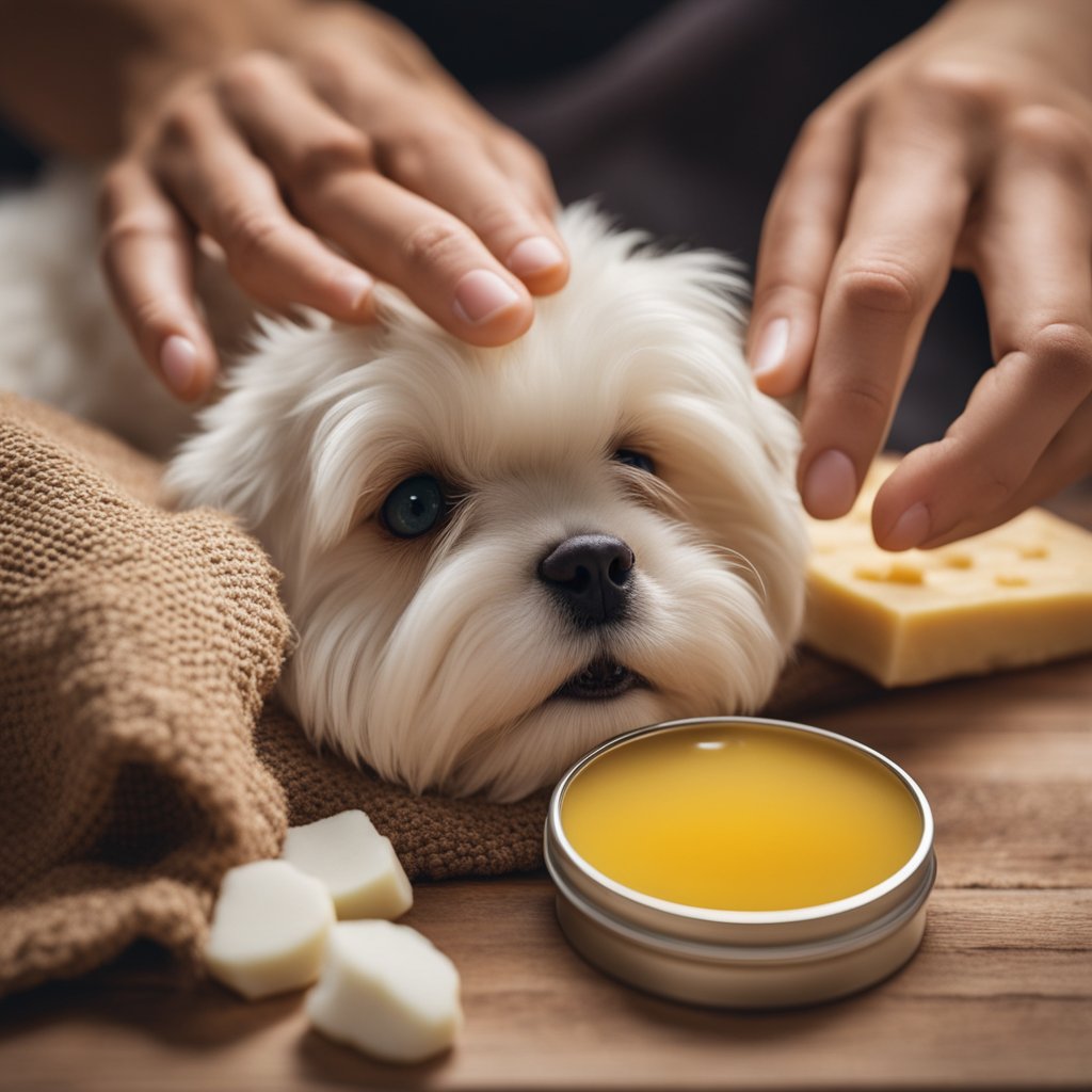 A dog's paw being gently massaged with homemade paw balm, surrounded by natural ingredients like shea butter, coconut oil, and beeswax