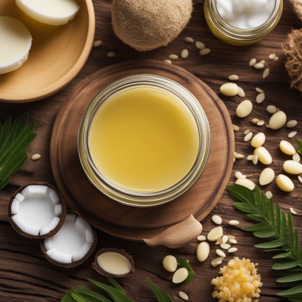 A glass jar filled with homemade paw balm sits on a wooden shelf, surrounded by various natural ingredients like beeswax, coconut oil, and shea butter