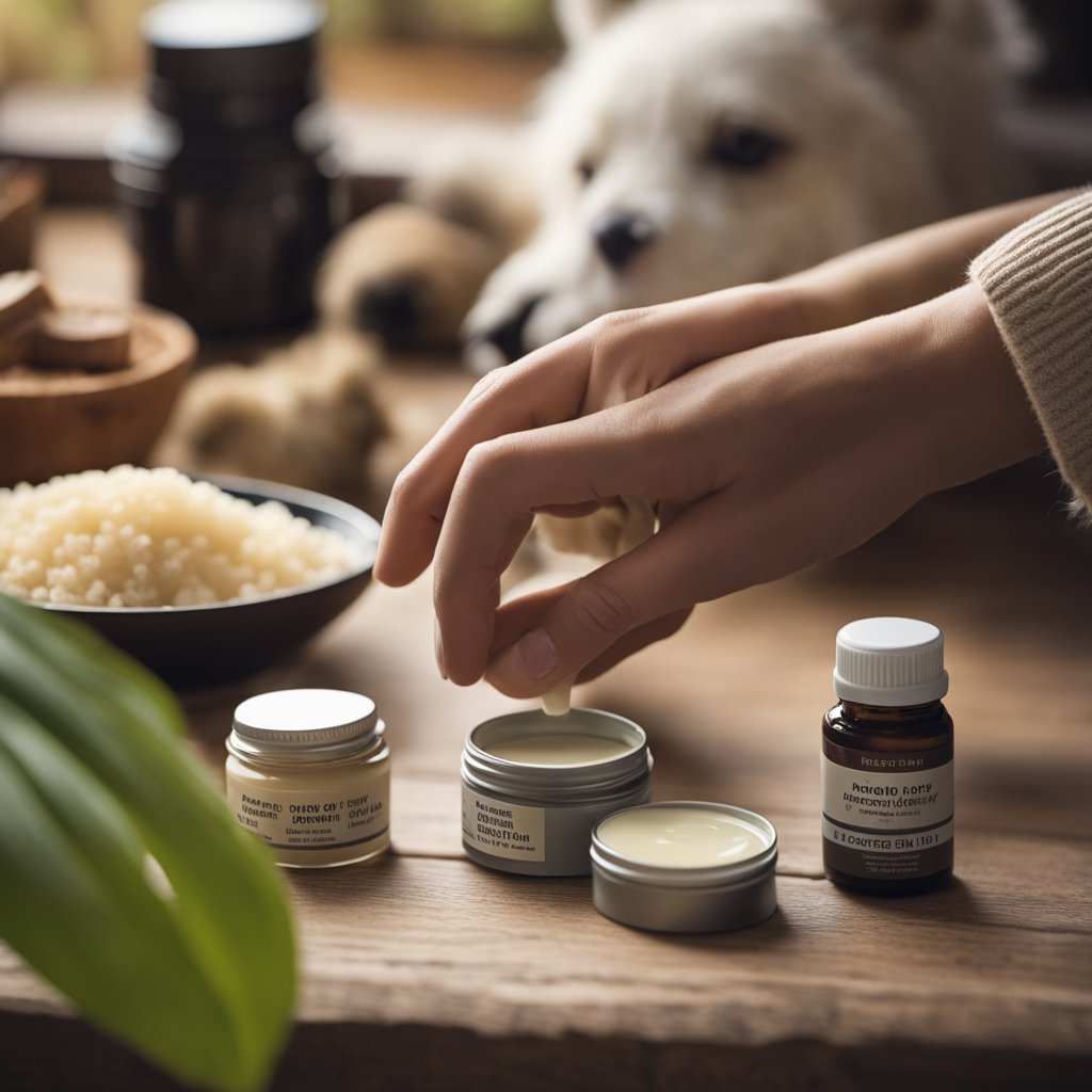 A dog's paw being gently massaged with homemade paw balm. Ingredients and tools laid out nearby