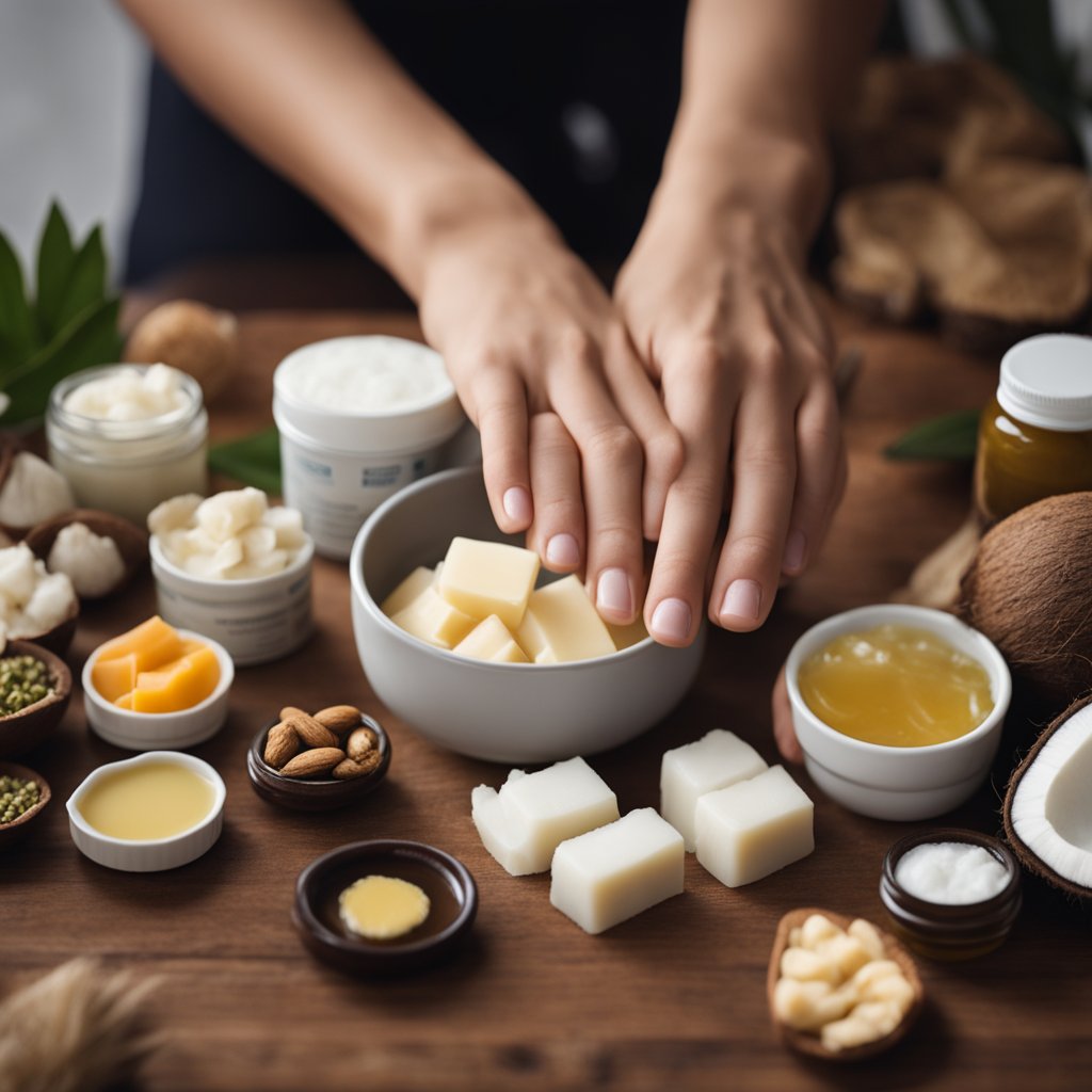 A dog's paw being gently massaged with homemade paw balm, surrounded by soothing ingredients like coconut oil and shea butter