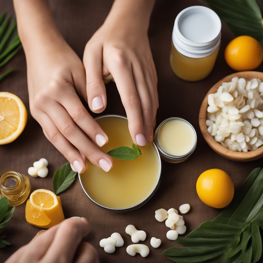 A dog's paw is being gently massaged with homemade paw balm, surrounded by various natural ingredients like shea butter, coconut oil, and beeswax