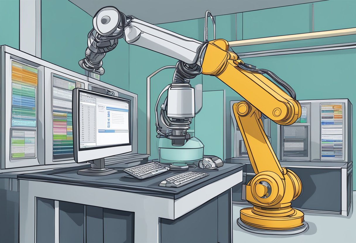 Extractors lead extractor automates data collection. A computer screen displays a software interface with a list of extracted leads. A robot arm operates the system