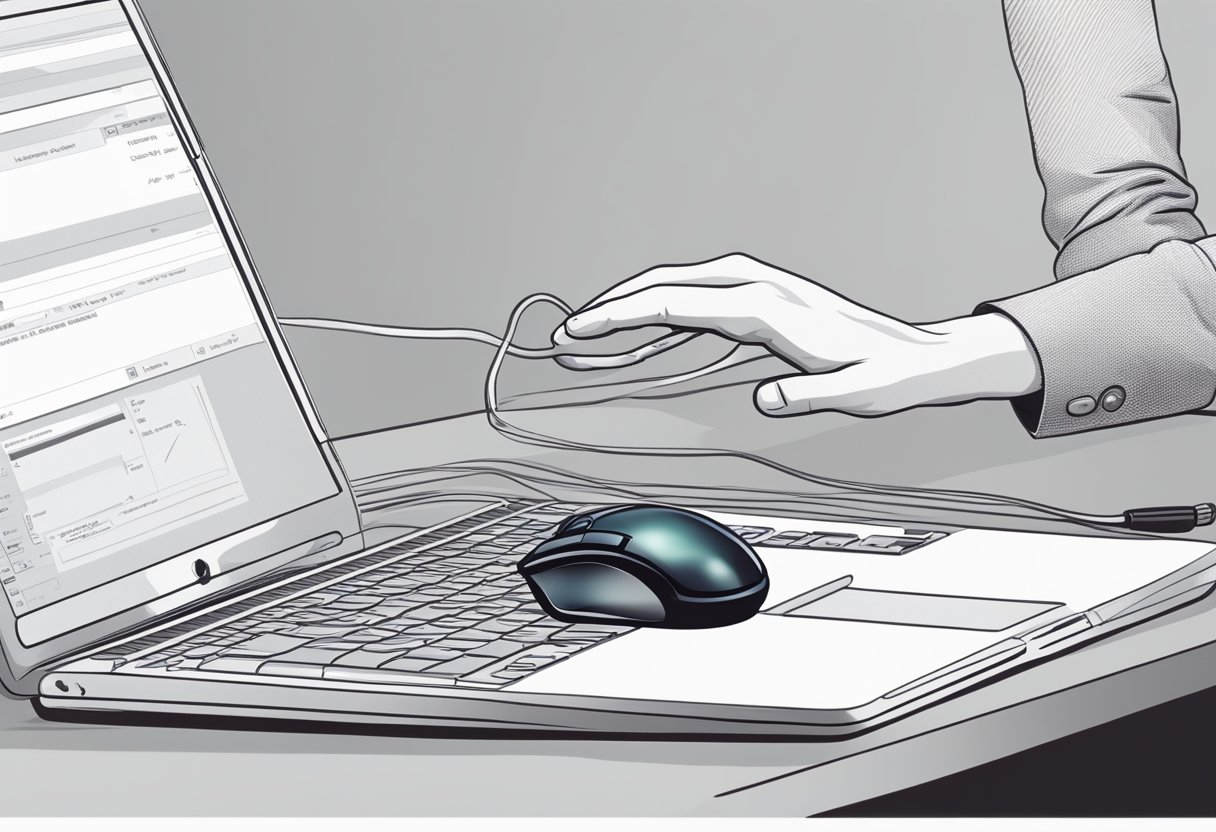 A hand operating a computer mouse, clicking on the "Explore Additional Features" button in the email scraper chrome extension