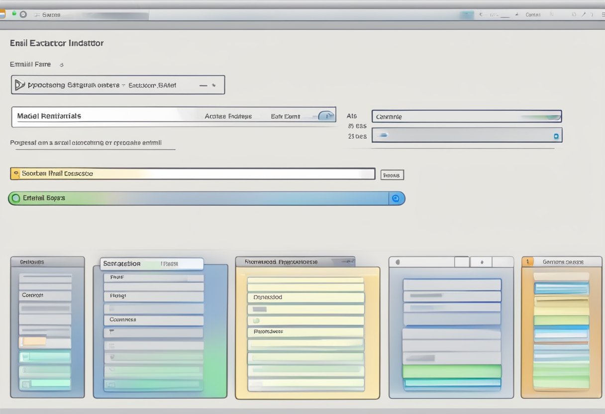 An email extractor software interface with a search bar, list of extracted emails, and a progress indicator