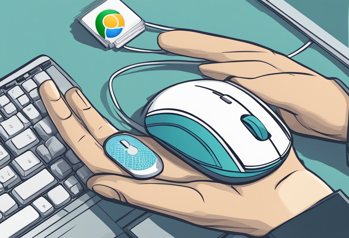 A hand holding a computer mouse, with a web browser open and a chrome extension icon visible, while data is being extracted from a webpage