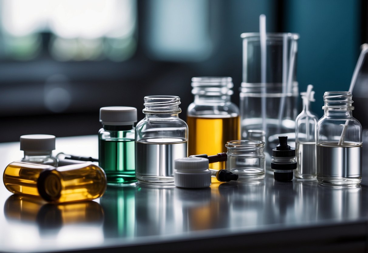 A table with medical supplies, vials, and syringes arranged neatly for injection administration