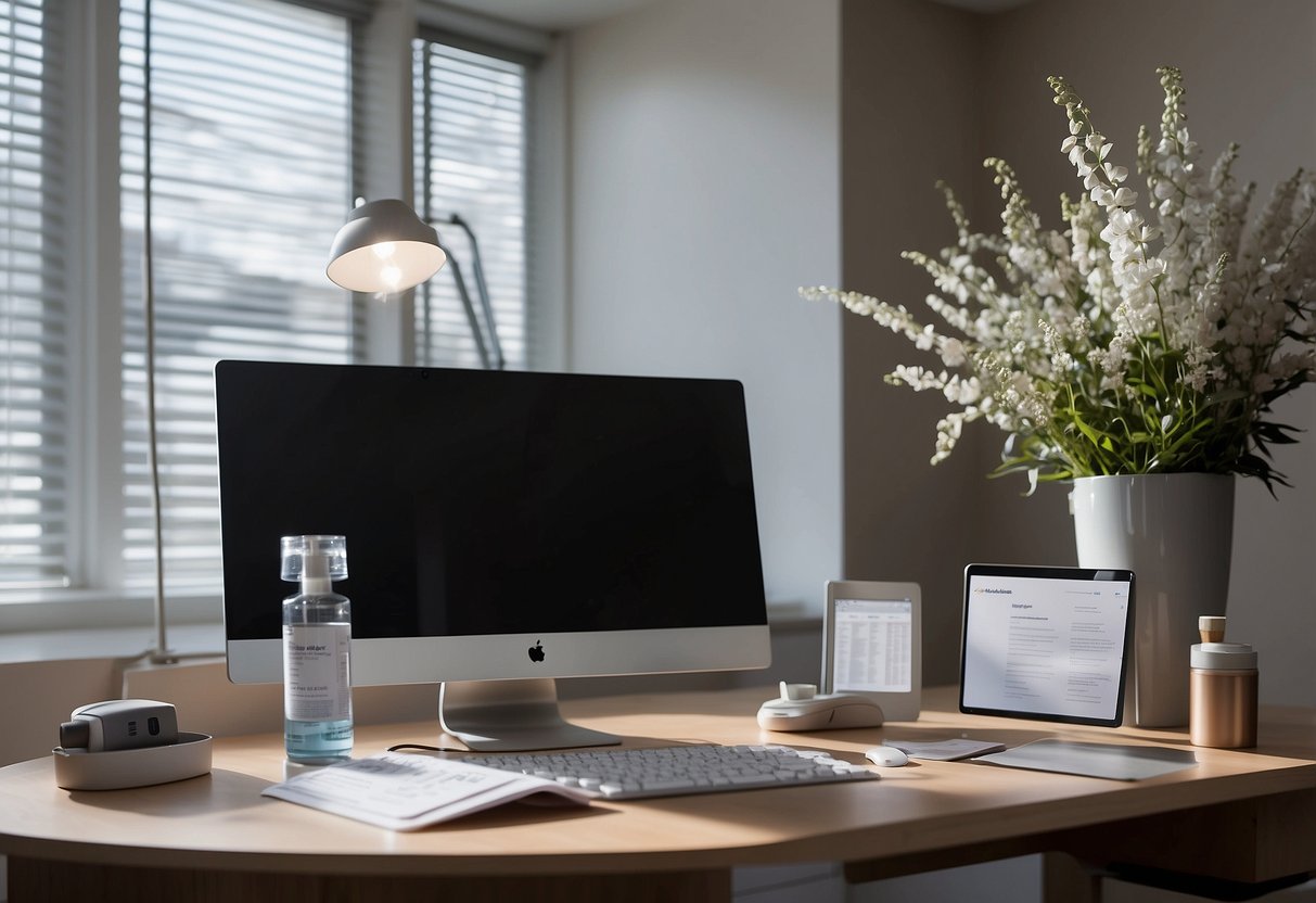 A doctor's office with a desk, computer, and medical supplies. Brochures on fat loss injectables are displayed. Light streams in through a window