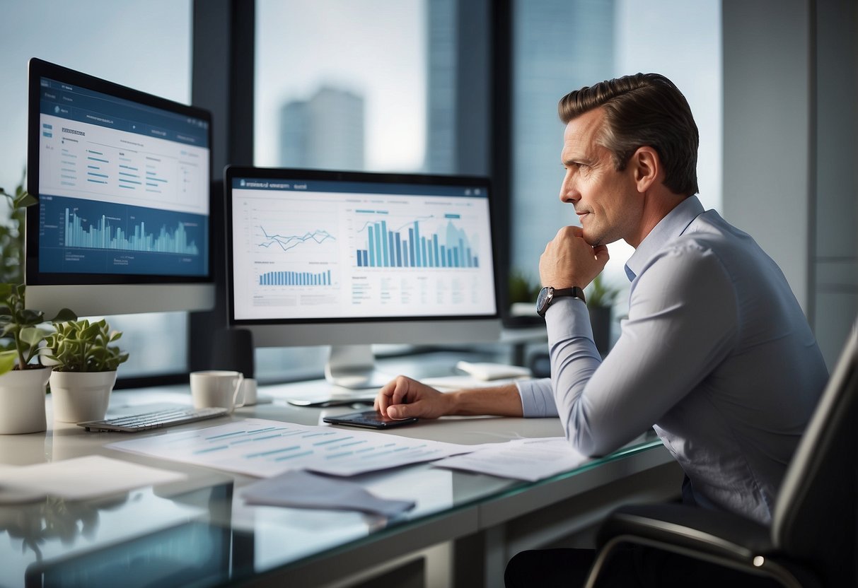A serene, organized office setting with a professional consulting with a client, displaying charts and diagrams of injectables for fat loss