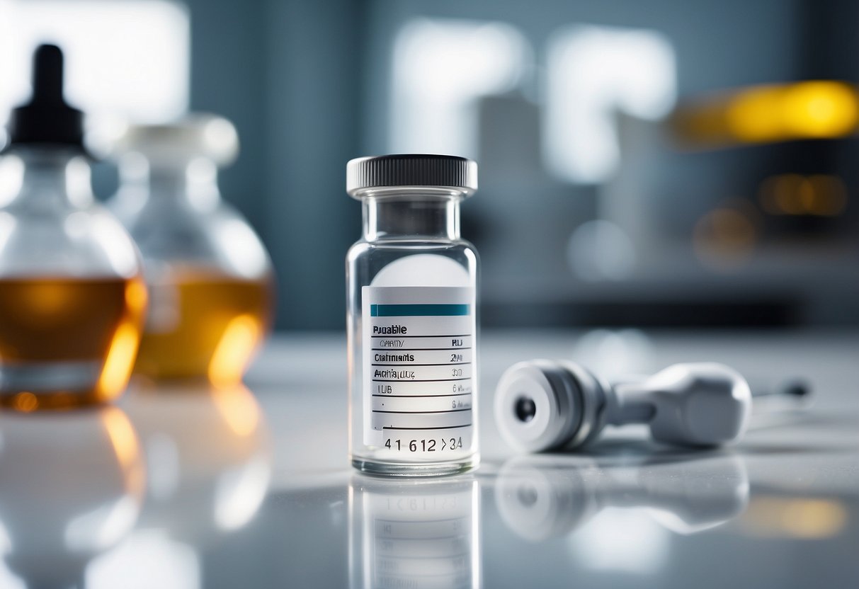 A vial of injectable fat loss medication sits on a clean, white surface surrounded by scientific equipment and research papers