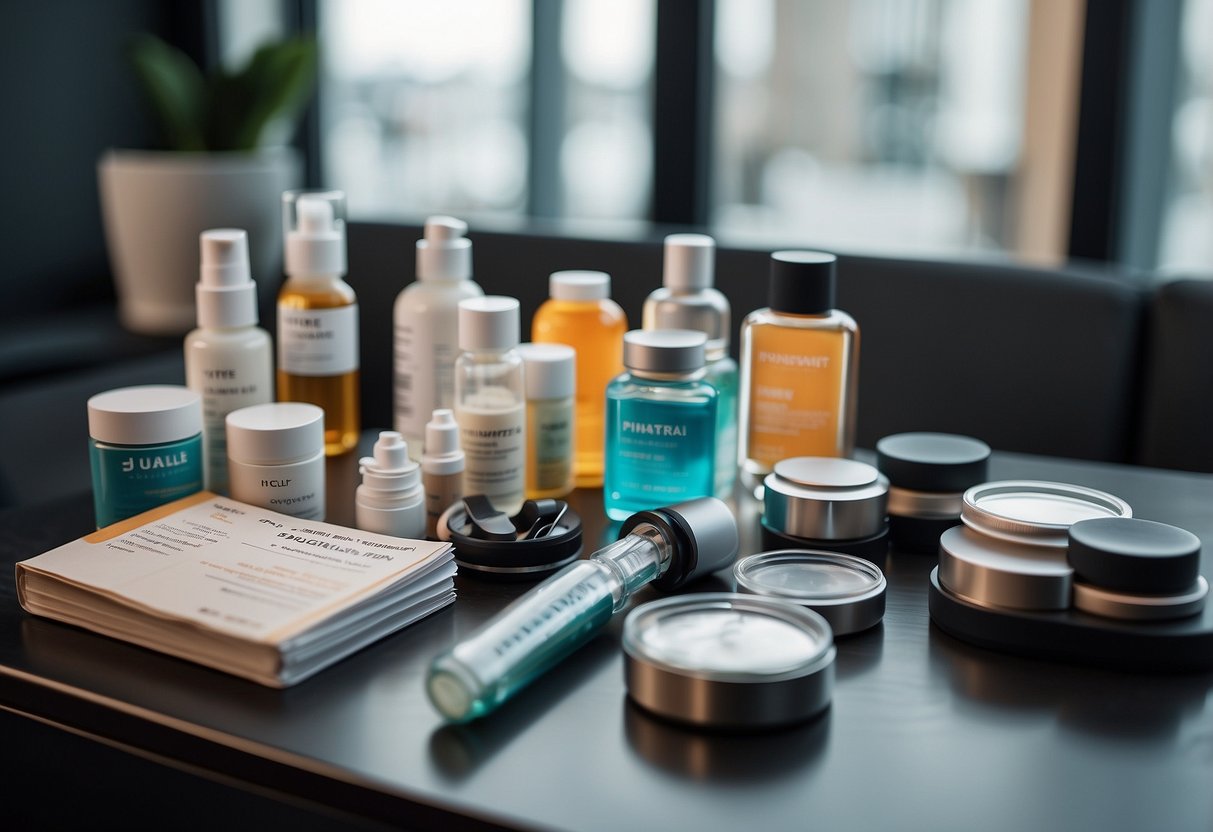 A table with various injectable products for fat loss, surrounded by informative pamphlets and a knowledgeable consultant
