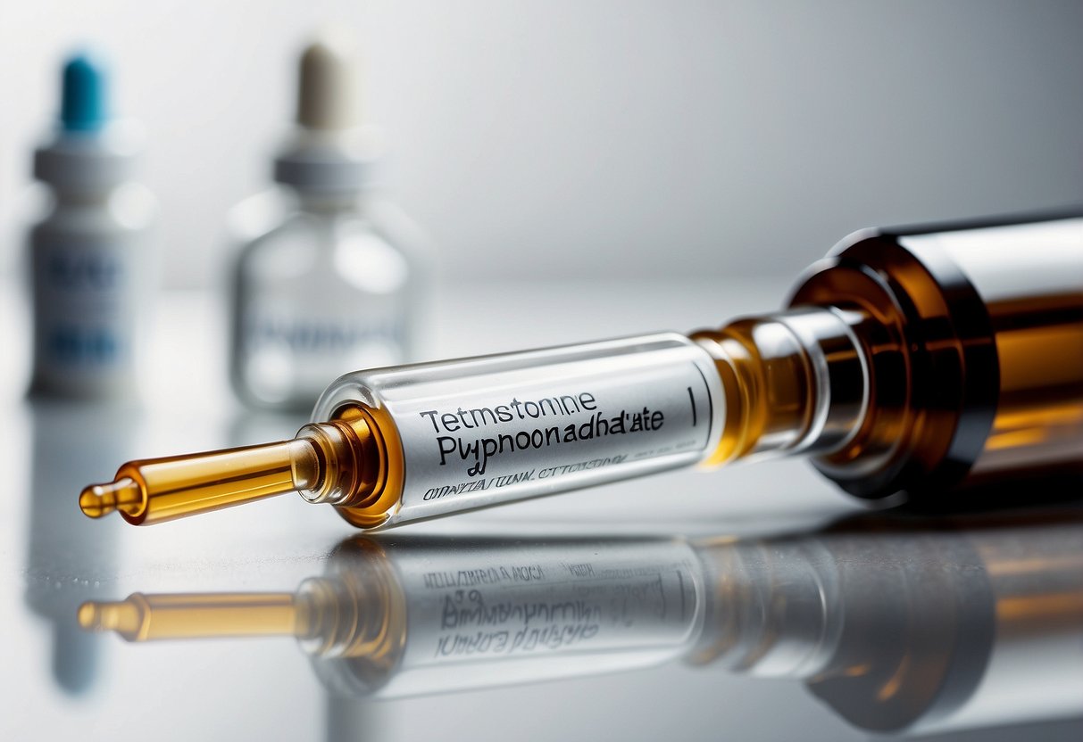 A vial of Testosterone Cypionate and Enanthate next to a syringe on a clean, white surface with medical labels and packaging in the background