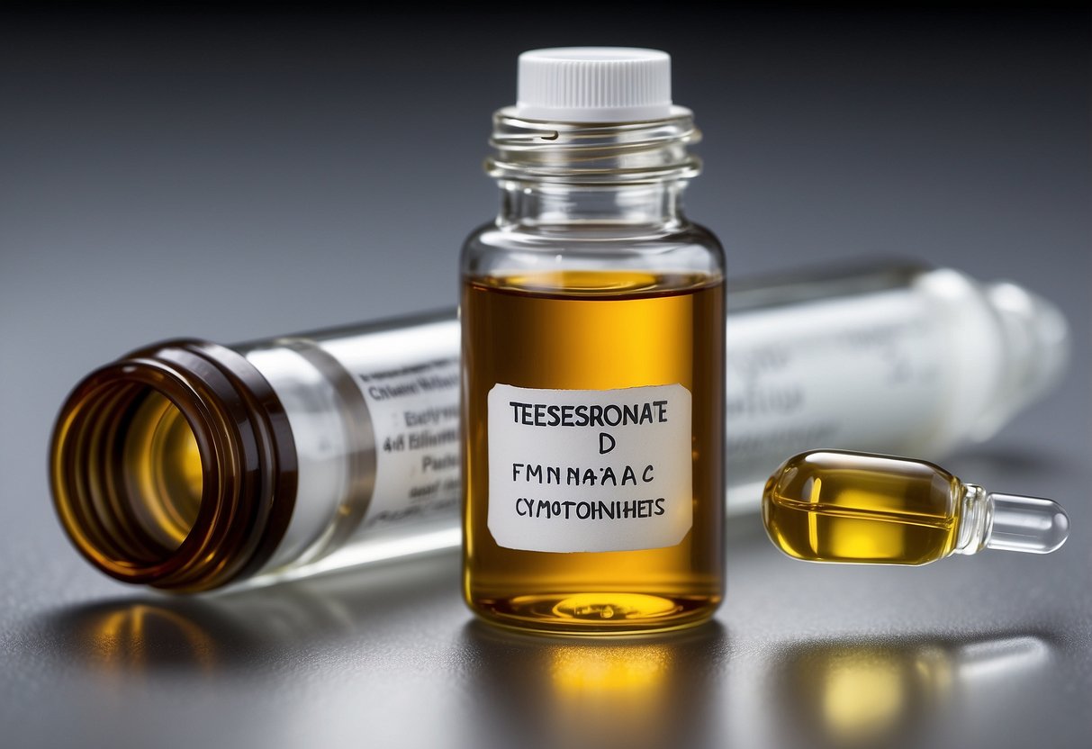 Two vials of Testosterone Cypionate and Enanthate, labeled and placed side by side on a clean, white surface, with a syringe nearby