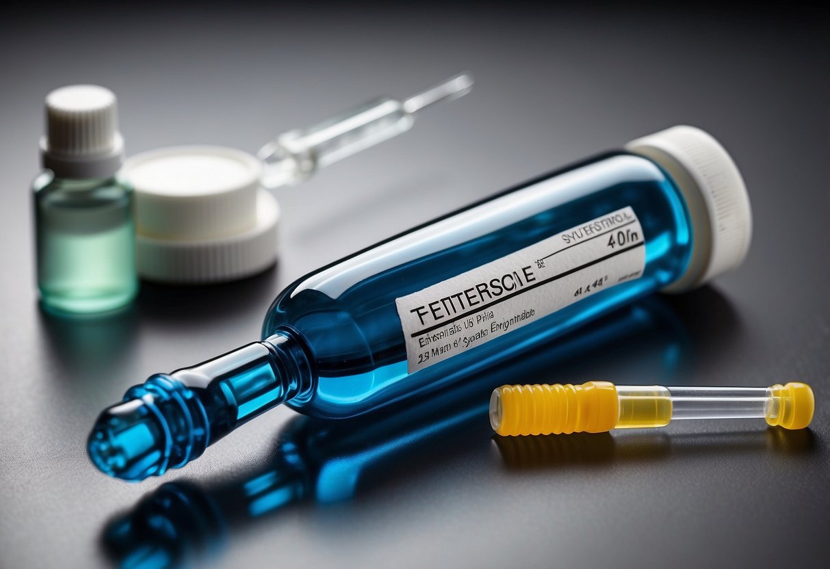 A bottle of Testosterone Cypionate and Enanthate next to a measuring syringe on a clean, sterile surface. Labels and instructions visible