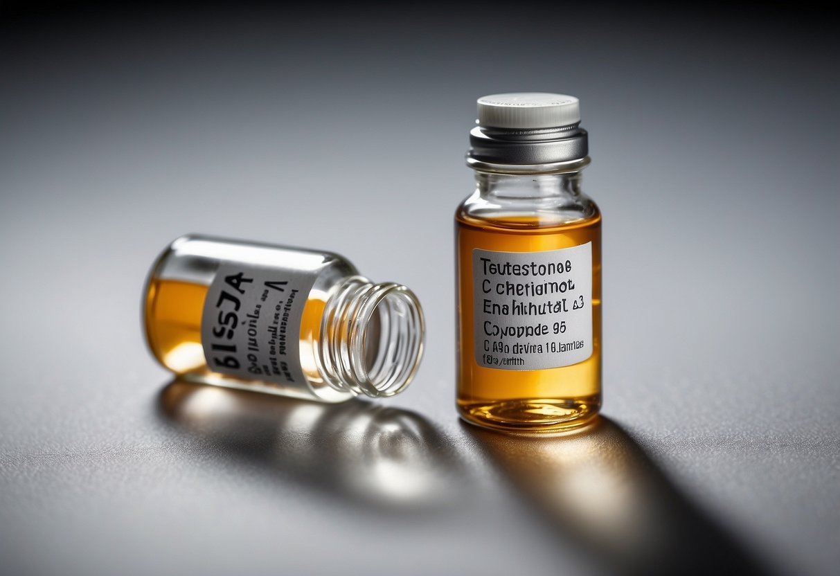 A vial of Testosterone Cypionate and Enanthate sit side by side on a clean, white surface. The labels are clear and distinct, with the vials casting a slight shadow in the soft lighting