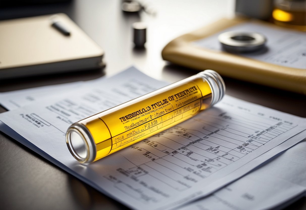A vial of Trenbolone sits on a laboratory table, surrounded by scientific papers and research notes. Its distinct yellow color and label are prominent