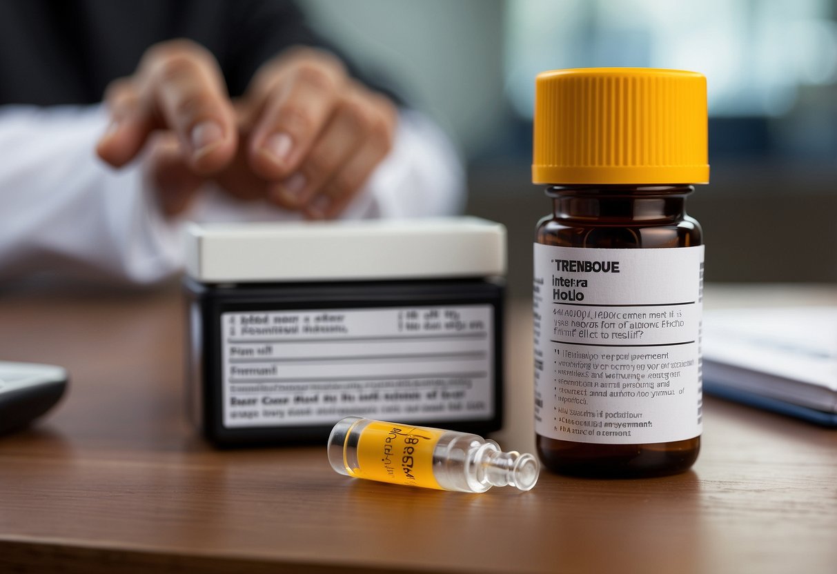A hand holding a vial of Trenbolone, with dosage instructions and healthcare guidance in the background. Benefits and side effects listed