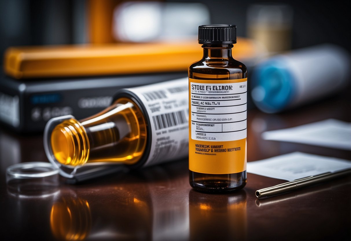 A vial of Trenbolone with warning label, surrounded by safety equipment and risk management documents