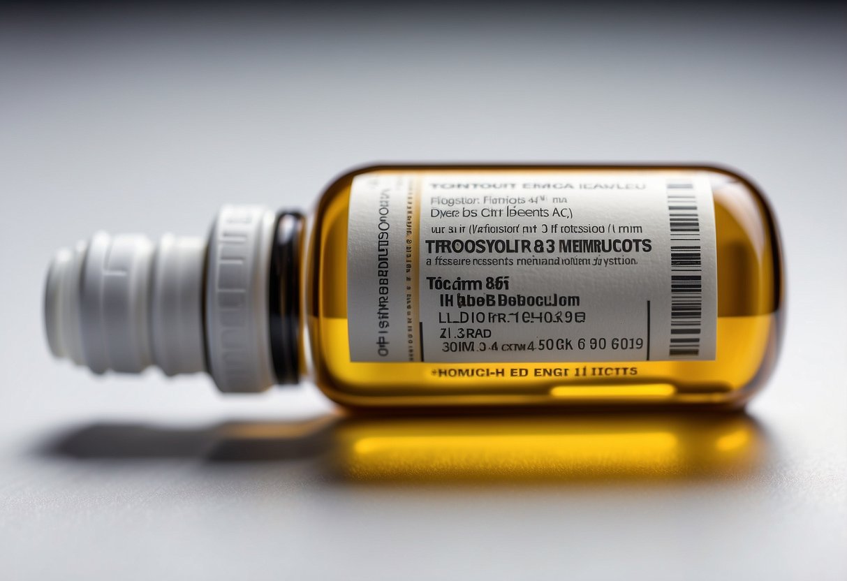 A vial of trenbolone sits on a clean, white surface. A label details its usage, benefits, and potential side effects