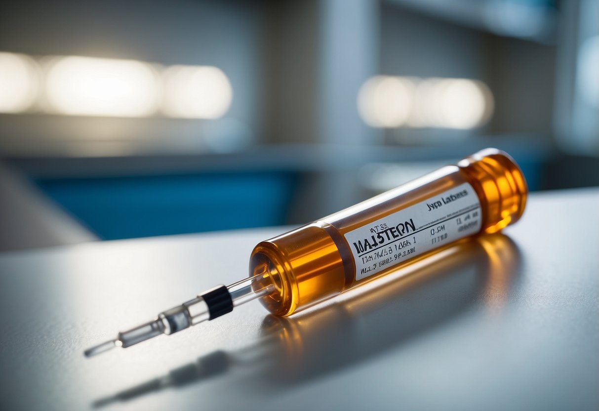 A vial of Masteron sits on a clean, well-lit countertop. A syringe and needle are nearby, ready for use. The label is clear and easy to read, providing dosage and administration instructions