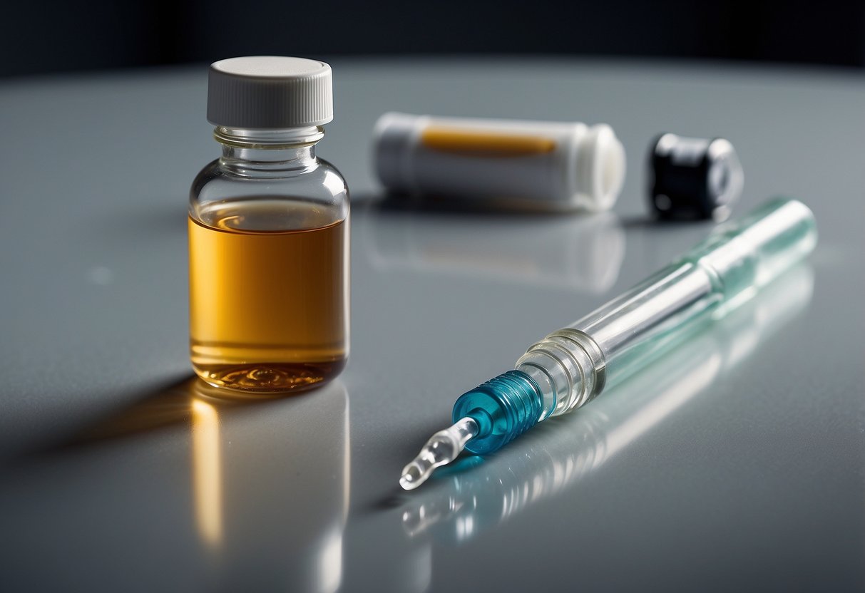 A vial of Masteron sits on a clean, well-lit surface. A syringe and alcohol swab are nearby, ready for use. The scene exudes a sense of precision and control