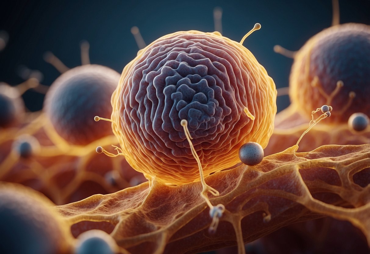 A muscle cell with insulin receptors binding to insulin molecules, triggering glucose uptake and protein synthesis for muscle growth
