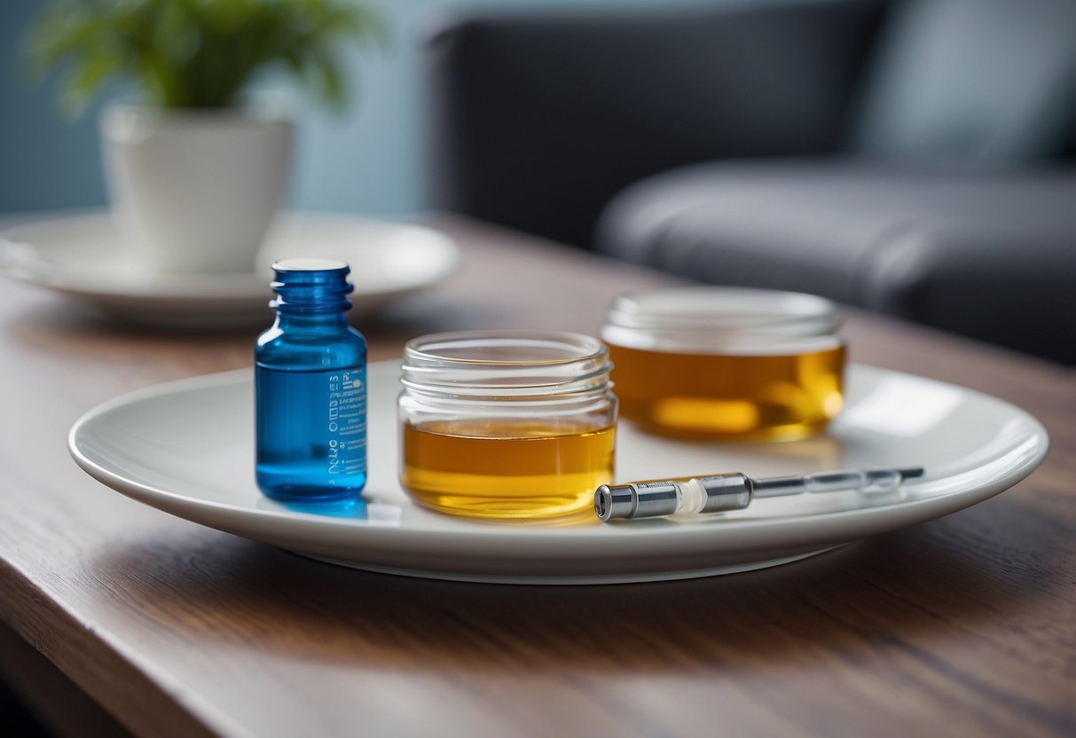 A plate with balanced macros, a dumbbell, and an insulin syringe on a clean, well-lit table