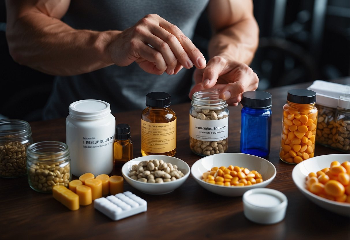A bodybuilder carefully measuring insulin dosage, surrounded by a variety of supplements and a workout plan on the table