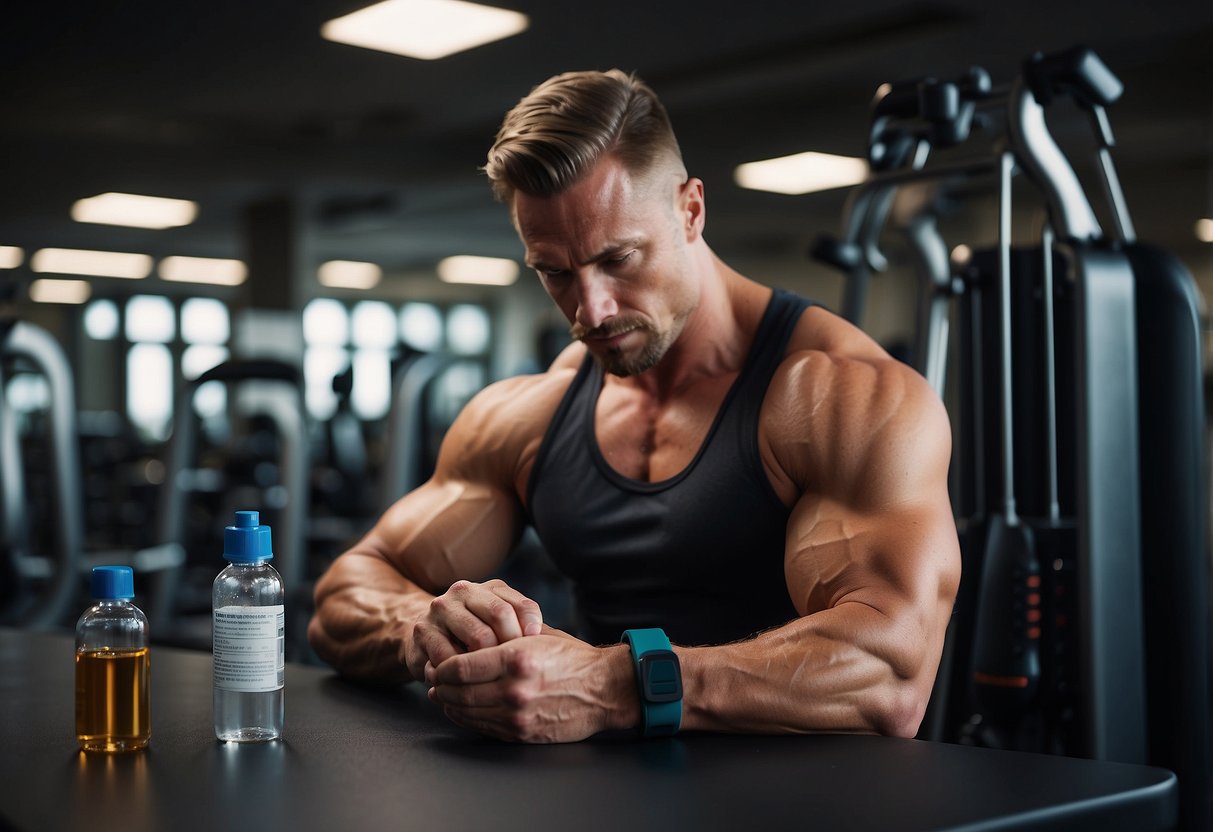 A bodybuilder injects insulin, surrounded by workout equipment and supplements. A trainer monitors for safety