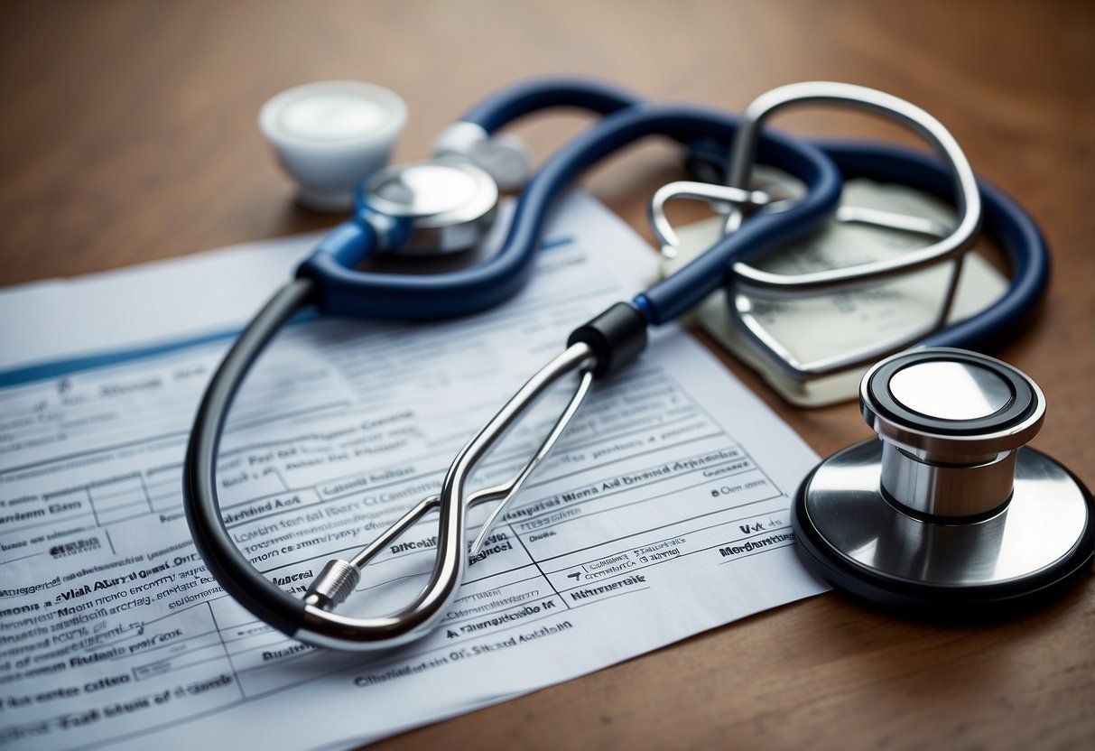 A bottle of oral steroids sits next to a prescription pad and a list of benefits and precautions. A doctor's stethoscope and medical chart are nearby