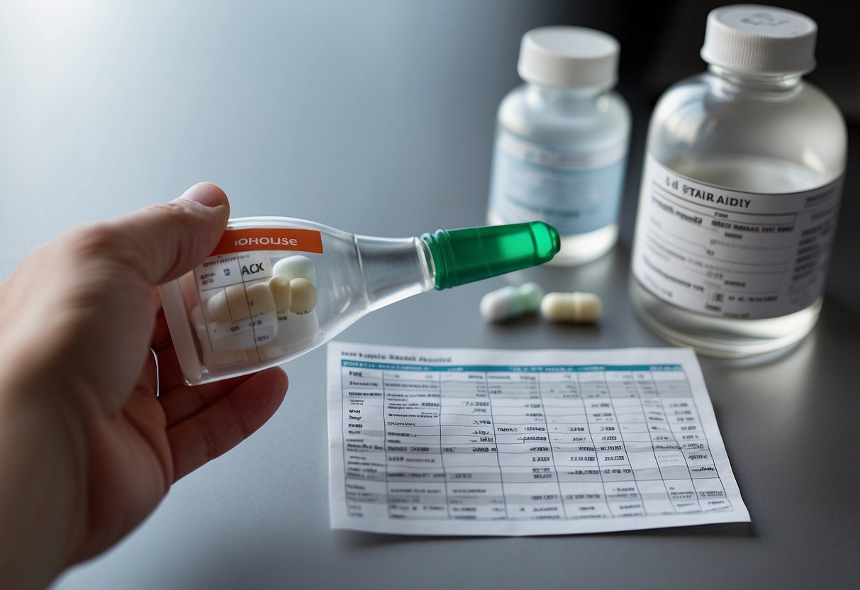 A hand holding a bottle of oral steroids, with a labeled dosage spoon and a medication schedule chart nearby