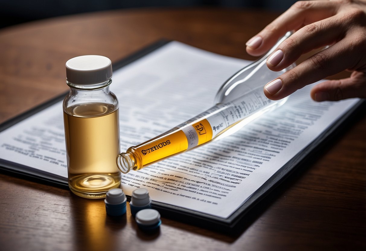 A bottle of oral steroids next to a list of potential side effects and precautions. A hand reaches for a glass of water nearby