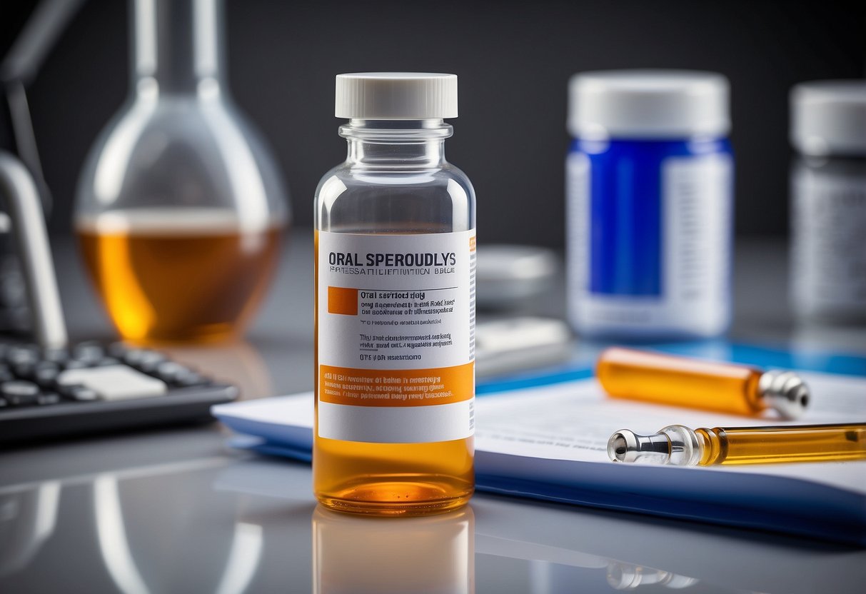 A bottle of oral steroids sits on a sleek, modern laboratory table, surrounded by scientific equipment and research papers. The label on the bottle prominently displays the benefits of using oral steroids for bodybuilders