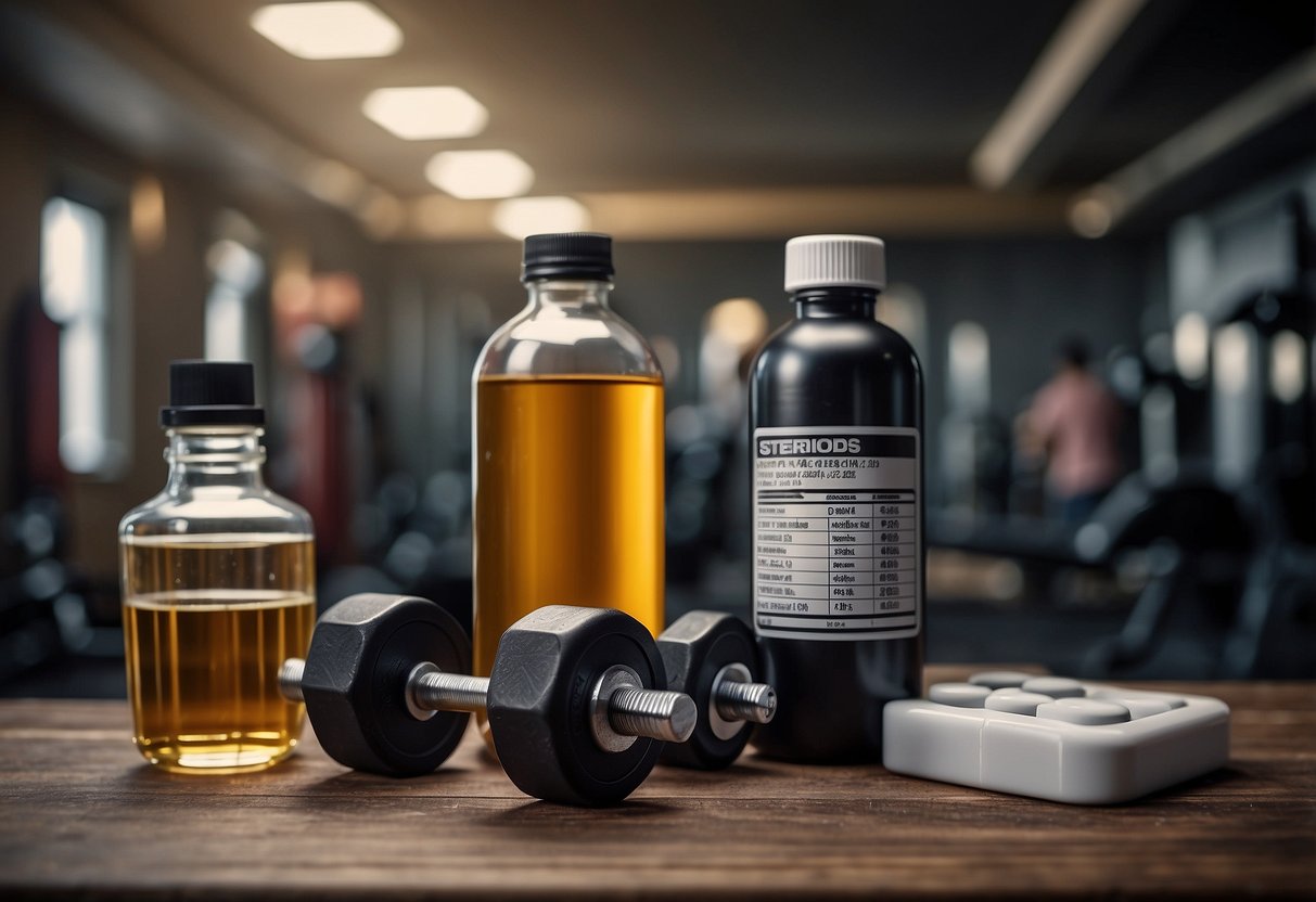 An open bottle of oral steroids sits next to a weightlifting bench, with a muscular figure in the background. A chart on the wall shows the strategic use of steroids for bodybuilding