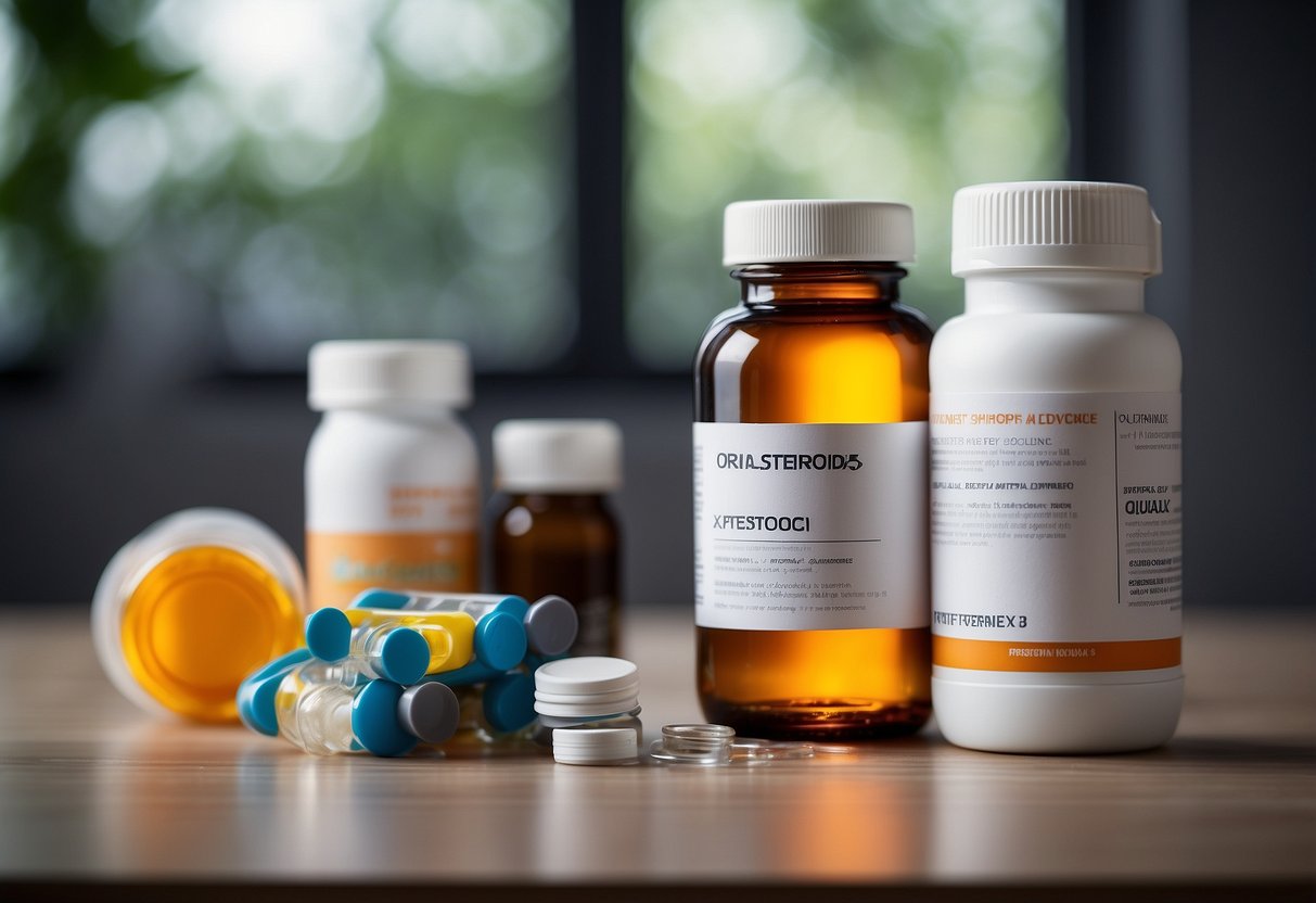 A bottle of oral steroids surrounded by safety gear and health supplements on a clean, well-lit table