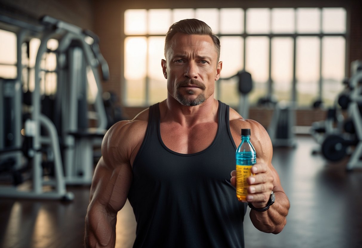 A bodybuilder confidently holding a bottle of oral steroids, with a list of advantages floating around them in bold, vibrant text