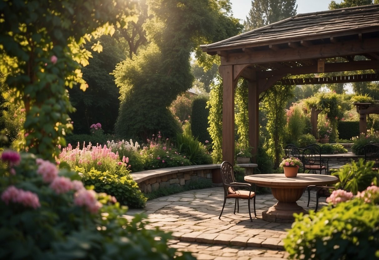 A lush garden with colorful flowers, winding pathways, and a variety of seating areas. A pergola covered in blooming vines provides shade, while a bubbling fountain adds a soothing ambiance