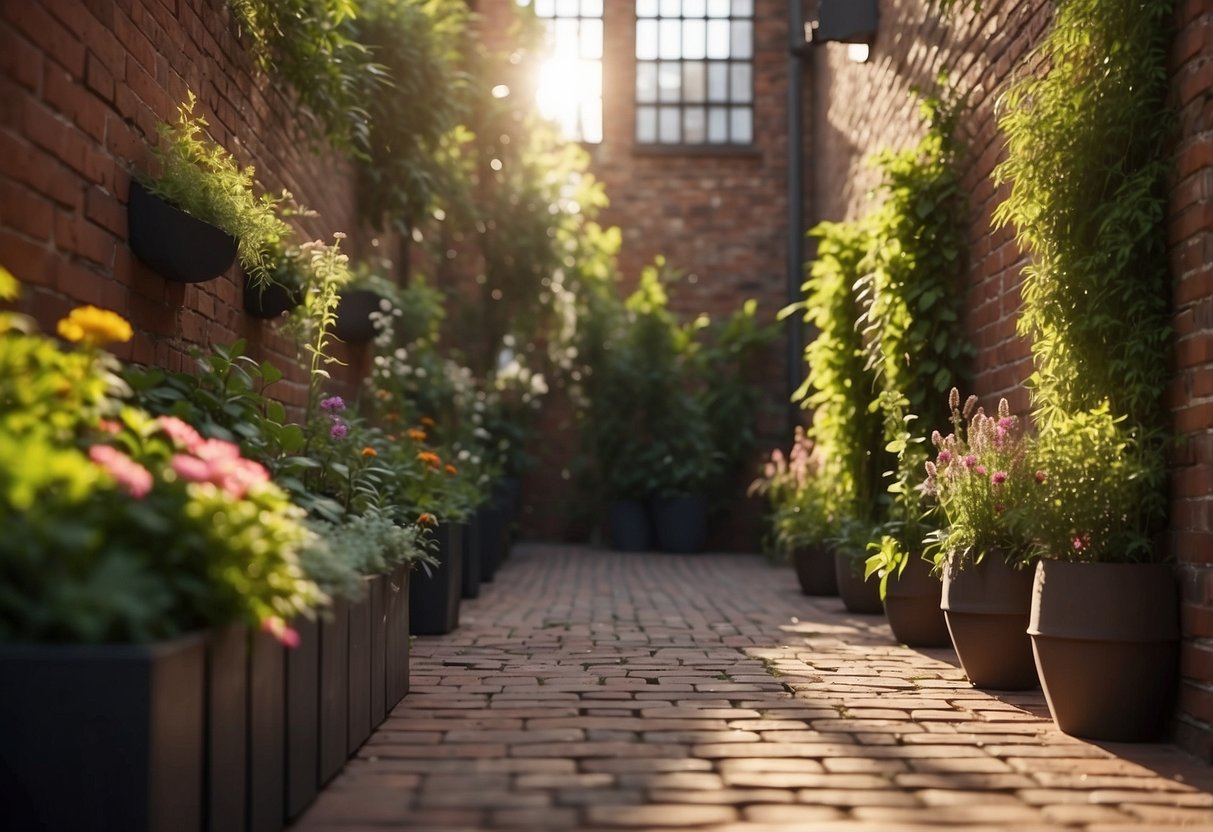 A vertical herb garden hangs against a brick wall, surrounded by vibrant flowers and greenery. The sun shines down, casting shadows on the garden