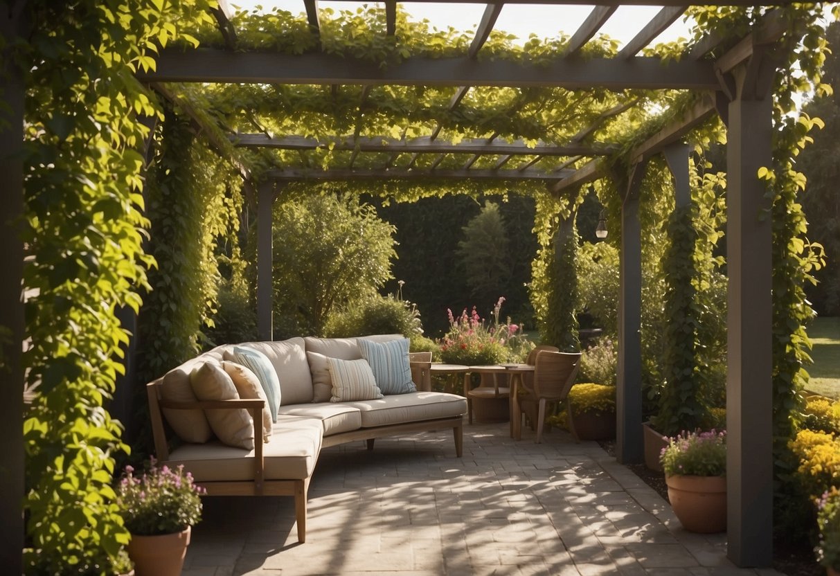 A pergola stands adorned with lush vines, creating a natural canopy. Surrounding it are various outdoor garden ideas, from colorful flowers to cozy seating areas