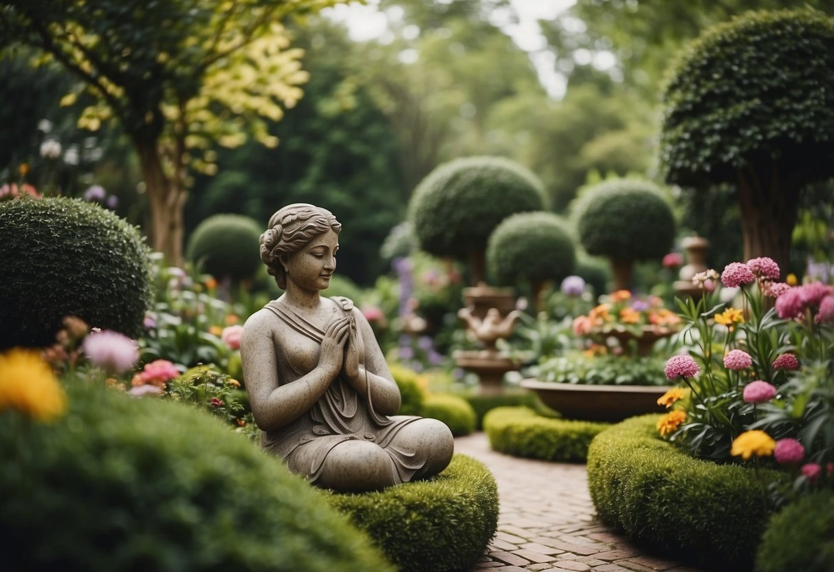 A variety of outdoor garden sculptures are arranged in a lush garden setting, surrounded by colorful flowers and greenery