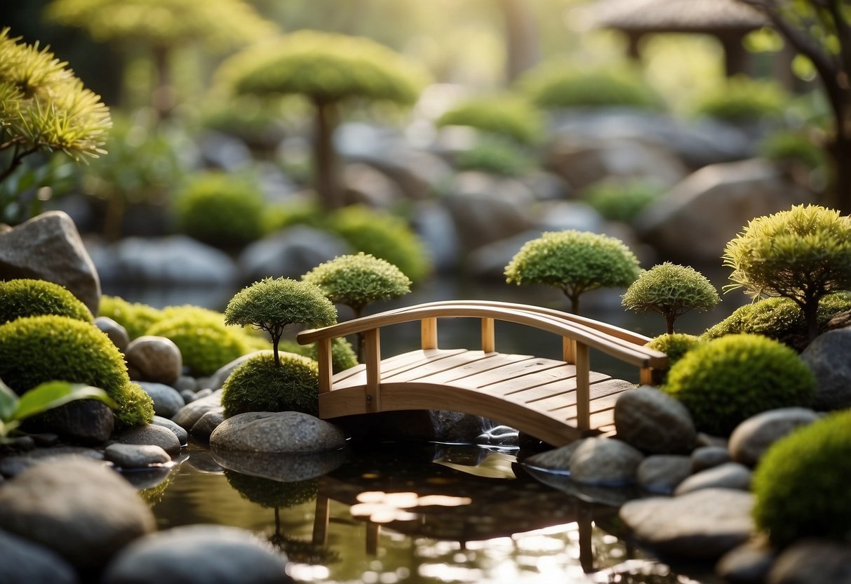 A tranquil Zen garden with raked gravel, moss-covered rocks, and carefully placed bonsai trees. A small wooden bridge crosses a serene koi pond