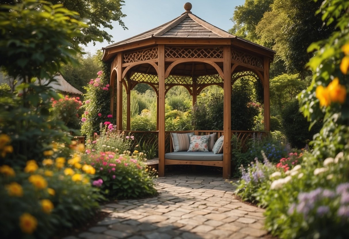 A wooden gazebo nestled among lush greenery, with colorful flowers and vines climbing the structure. A cozy seating area inside invites relaxation and enjoyment of the surrounding garden