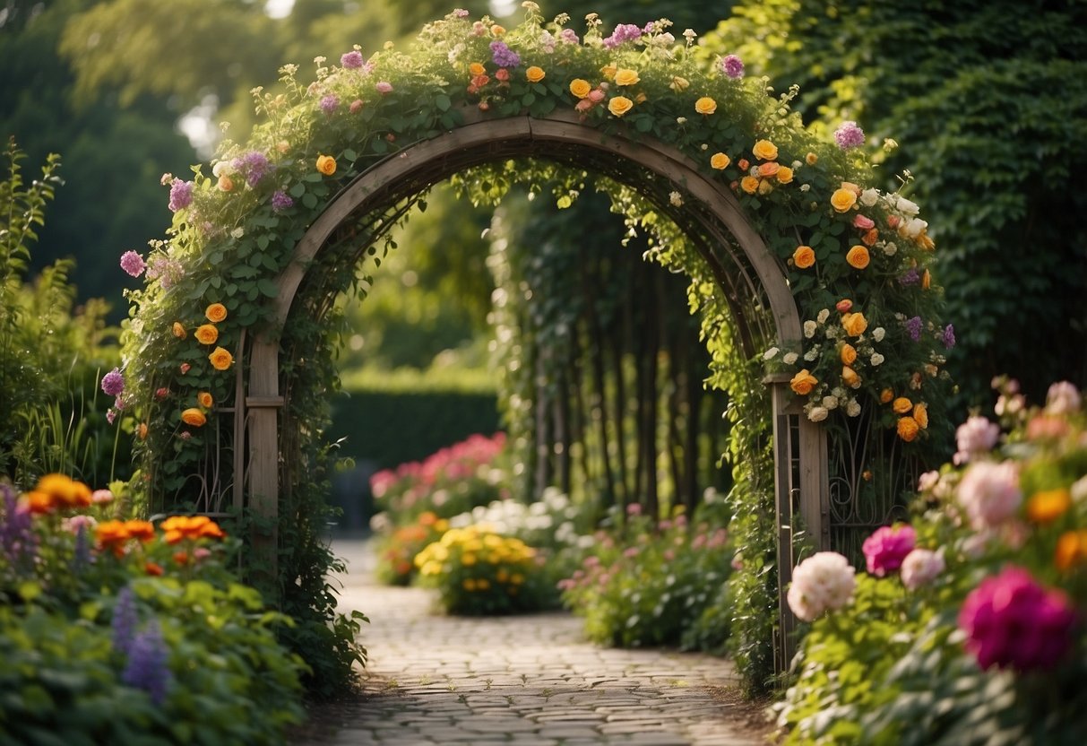 A garden archway adorned with climbing vines and colorful flowers, leading to a lush green garden with various plants and decorative elements