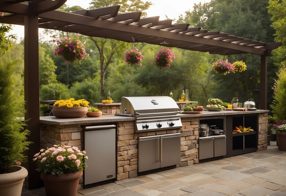 A spacious outdoor kitchen area surrounded by lush greenery and colorful flowers. A large, sleek grill sits at the center, with a stone countertop and plenty of seating for guests