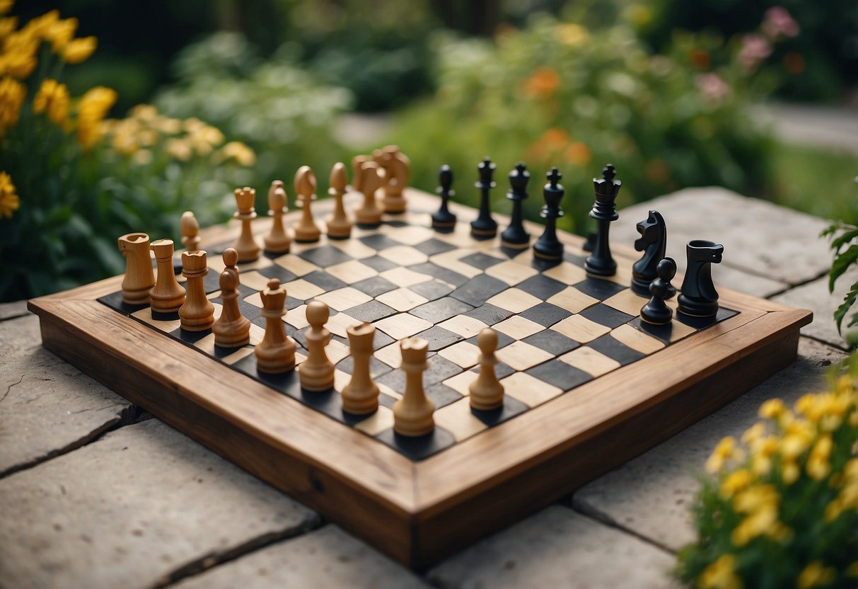 A garden chess set sits on a stone patio surrounded by lush greenery and colorful flowers. The pieces are oversized and made of weathered wood, adding a rustic charm to the outdoor space