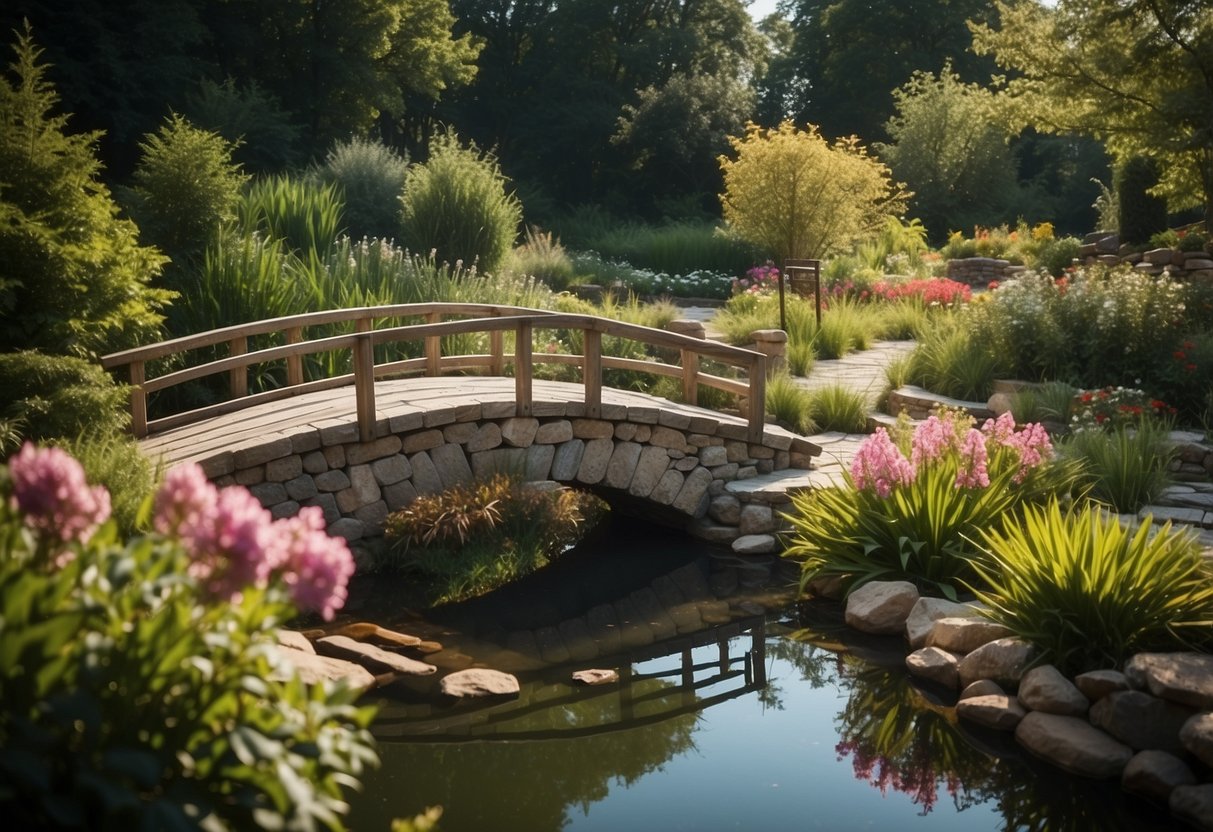 A tranquil garden pond surrounded by lush greenery and colorful flowers, with a stone pathway leading to a small wooden bridge over the water