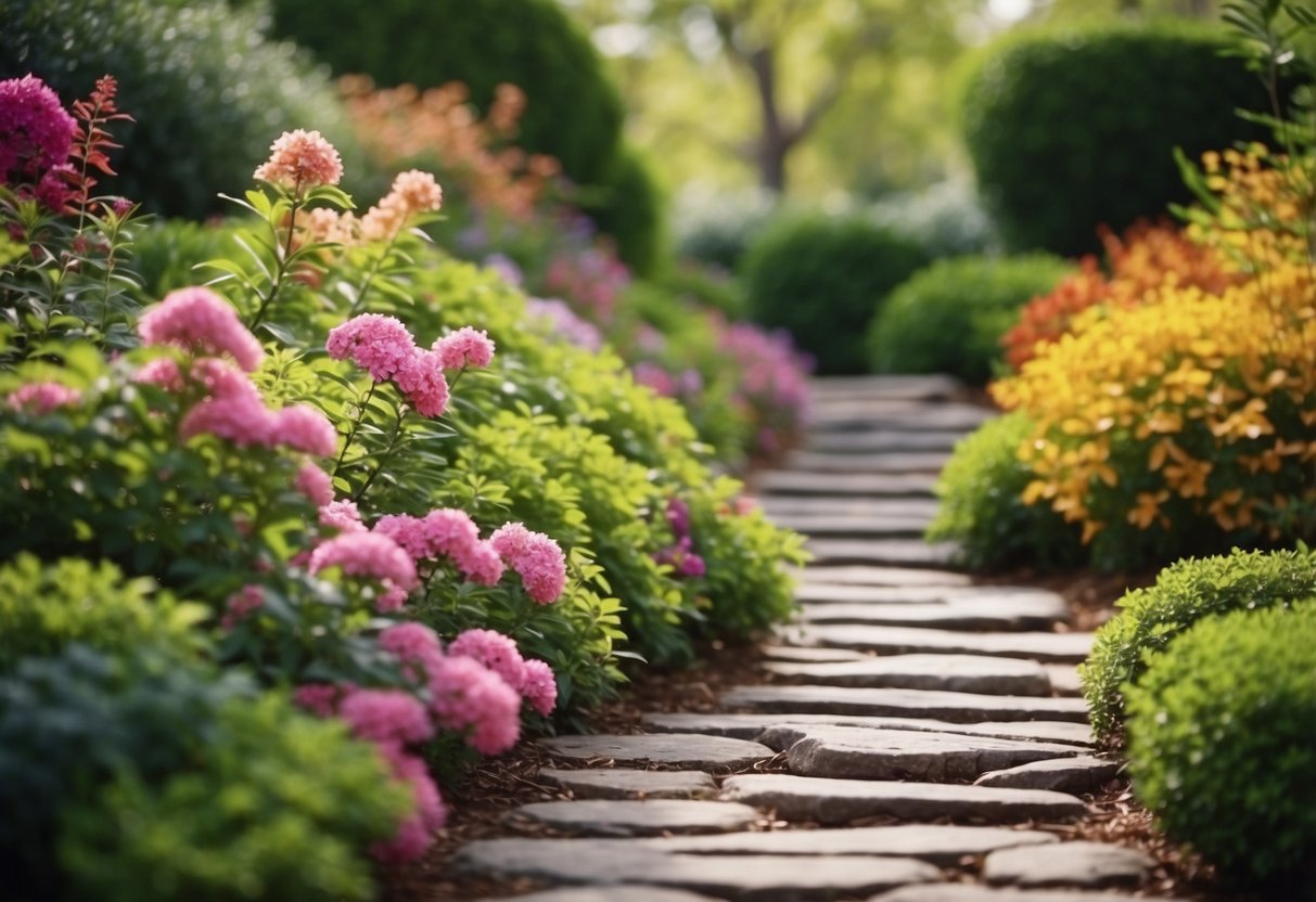 Colorful flowering shrubs line a winding stone pathway in a lush garden. Bright blooms and green foliage create a vibrant and inviting outdoor space